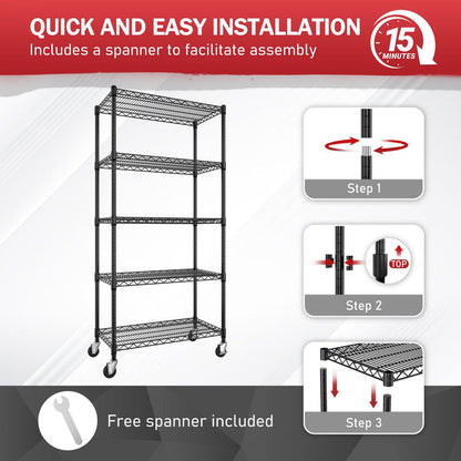 Veikous Storage Shelving Unit, 5-Tier Steel Shelf Organizer with Wheels, Adjustable for Kitchen, Pantry
