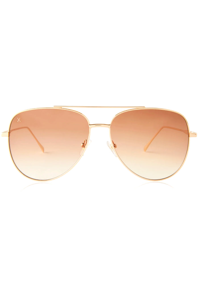 Dime Optics Venice Sunglasses in gold sienna with oversized aviator frame and gold mirrored lens on rave sunglasses — front view