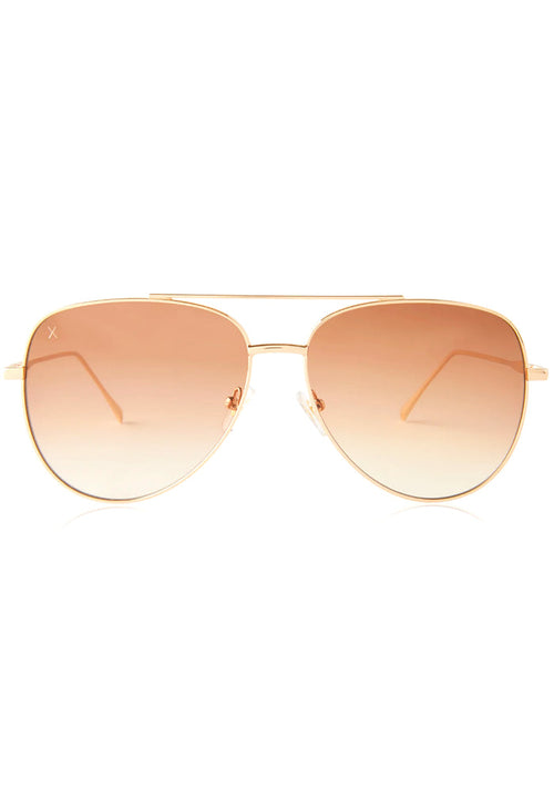 Dime Optics Venice Sunglasses in gold sienna with oversized aviator frame and gold mirrored lens on rave sunglasses — front view