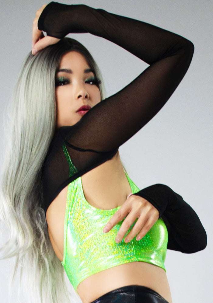 J Valentine Virtual Vortex Mesh Shrug in black with sheer mesh and slip-on sleeves on rave festival top — side view