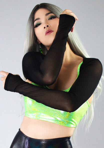 J Valentine Virtual Vortex Mesh Shrug in black — front view