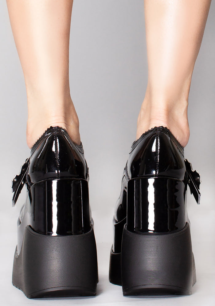 VOID 38 Kiss of Death Patent Black Platform Wedge Heel