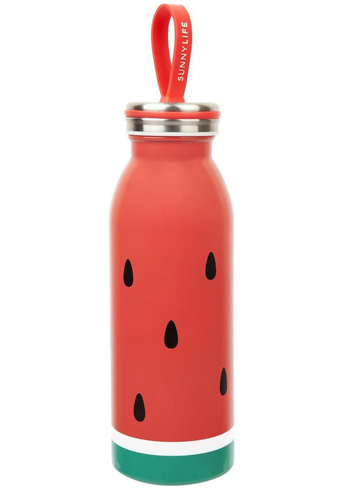 SunnyLife Watermelon Flask in red green with stainless steel insulated design on cute party water bottle — front view
