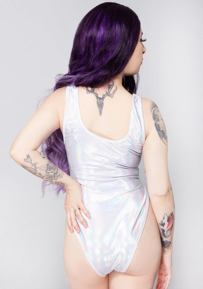 J Valentine White Spectrum Holographic Bodysuit in white — back view