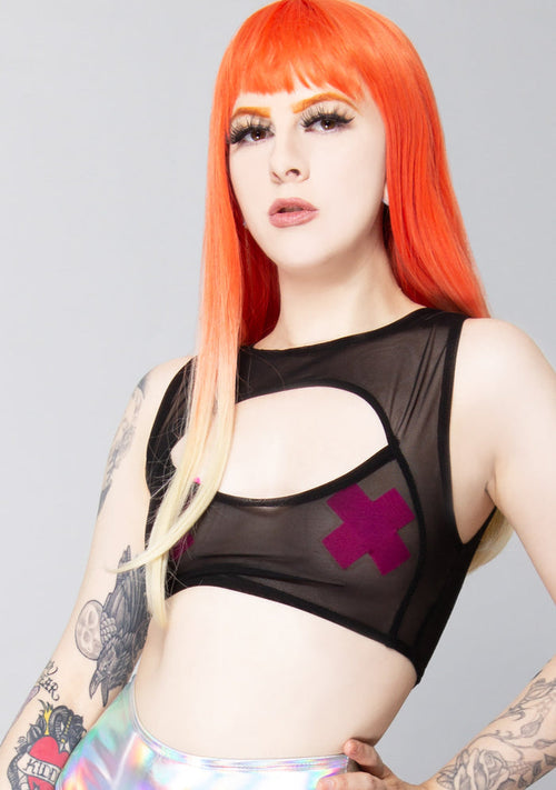 J Valentine Wicked Dreams Mesh Keyhole Top in black with sheer mesh design and keyhole front detail on festival top — front view