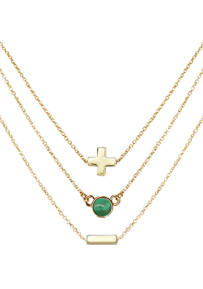 Charged Wisdom Malachite Delicate Chain Necklace Set in gold with raw green malachite stone on three 18k gold plated chain crystal festival necklace set — front view