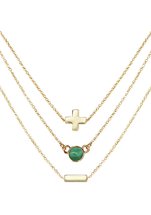 Charged Wisdom Malachite Delicate Chain Necklace Set in gold with raw green malachite stone on three 18k gold plated chain crystal festival necklace set — front view