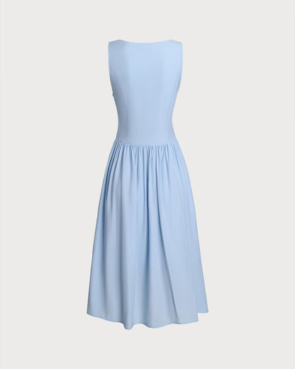 Blue V Neck Button Sleeveless Midi Dress