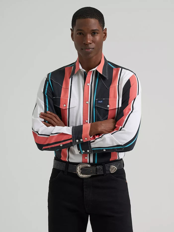 Wrangler Men's Burning Coral Striped Brushpopper Pearl Snap Long Sleeve Western Shirt 112381997