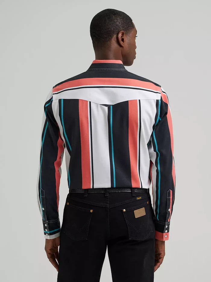 Wrangler Men's Burning Coral Striped Brushpopper Pearl Snap Long Sleeve Western Shirt 112381997