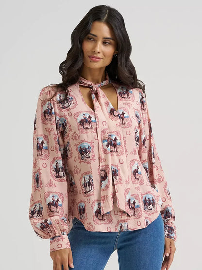 Wrangler Retro Women's Pink Western Vintage Cameo Tie Neck Blouse 112382520