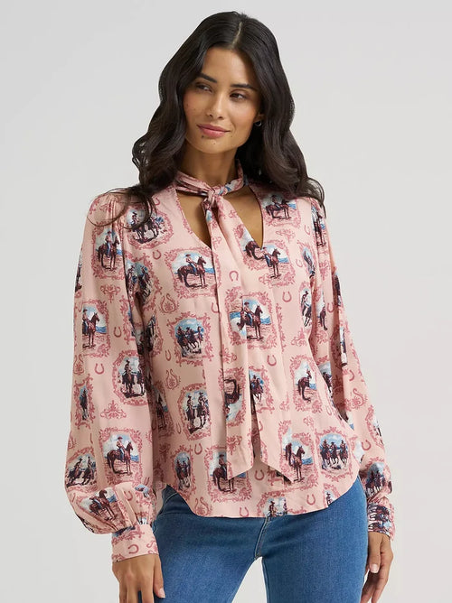 Wrangler Retro Women's Pink Western Vintage Cameo Tie Neck Blouse 112382520