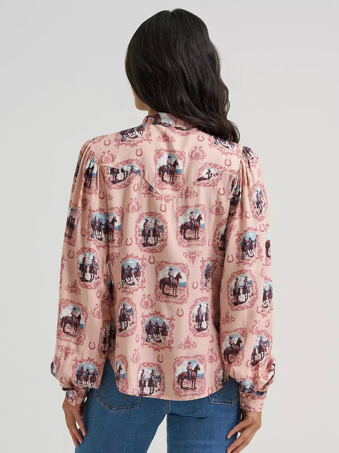 Wrangler Retro Women's Pink Western Vintage Cameo Tie Neck Blouse 112382520