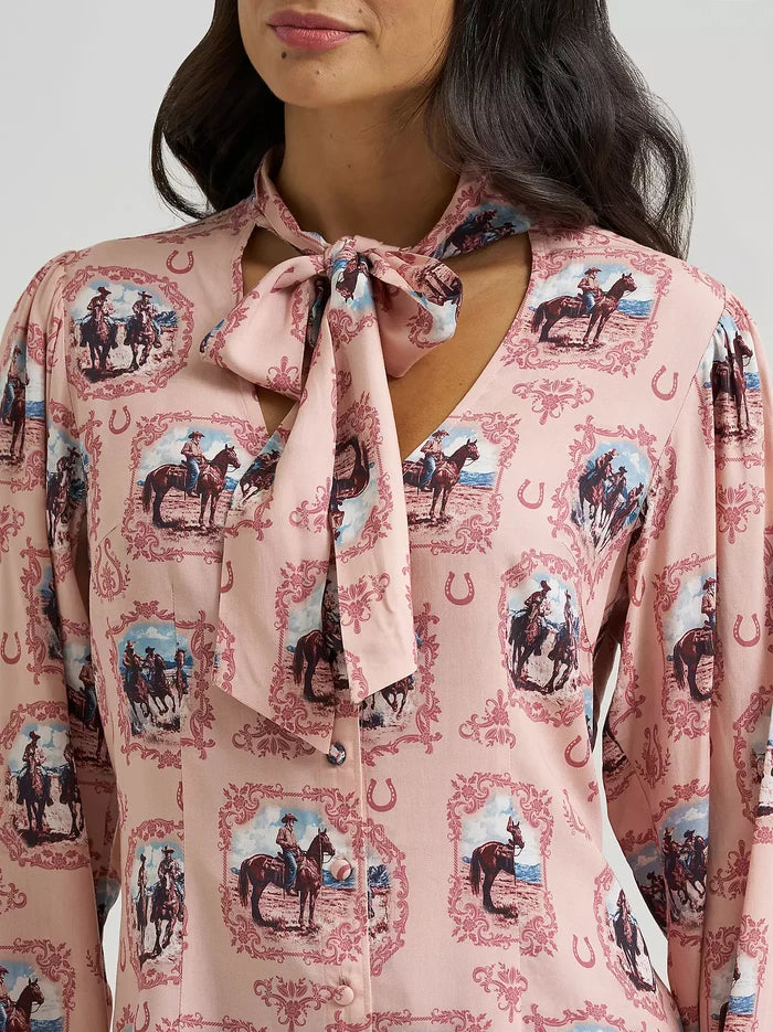 Wrangler Retro Women's Pink Western Vintage Cameo Tie Neck Blouse 112382520