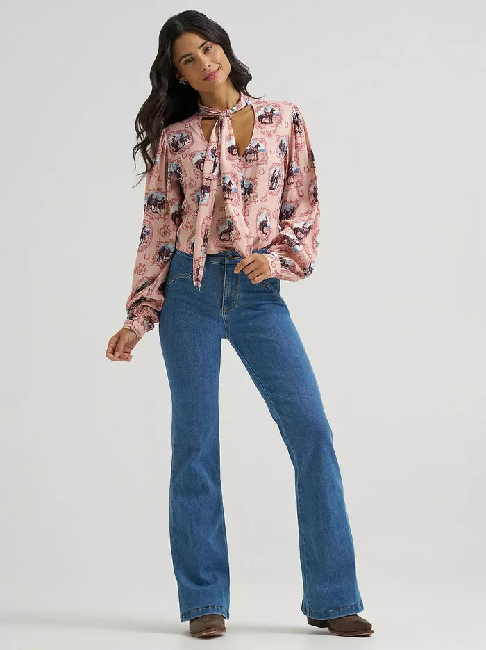 Wrangler Retro Women's Pink Western Vintage Cameo Tie Neck Blouse 112382520