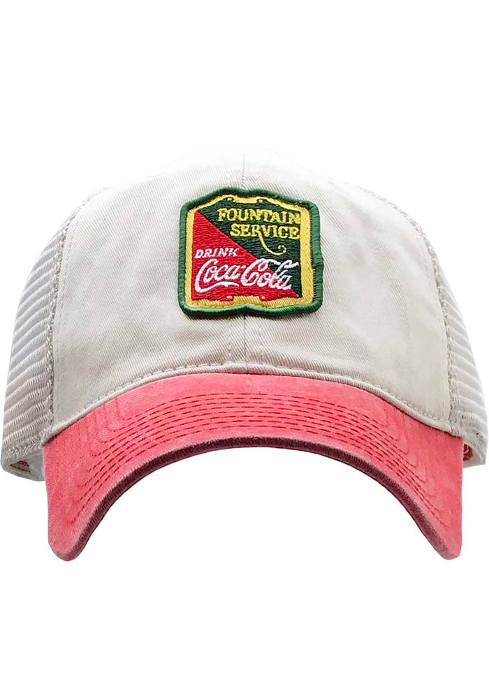 American Needle X Coca-Cola Raglan Bones Hat in white red with embroidered Coca-Cola logo and mesh netting on cotton twill festival baseball cap — front view