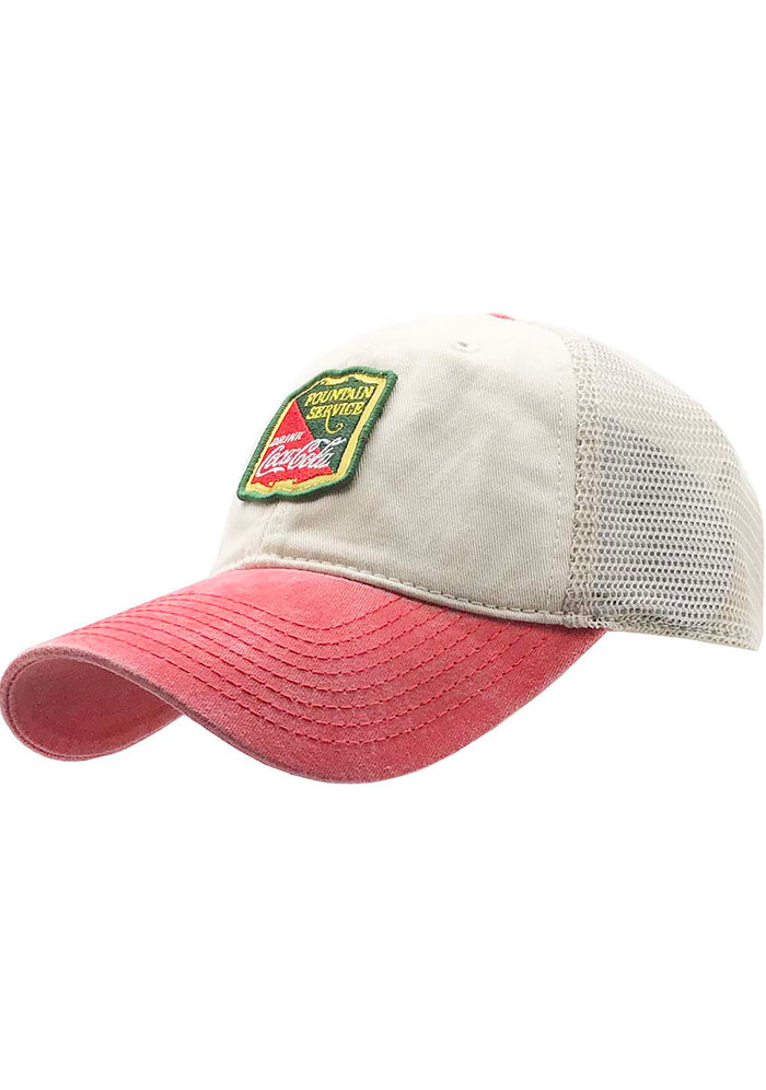 American Needle X Coca-Cola Raglan Bones Hat in white red with embroidered Coca-Cola logo and mesh netting on cotton twill festival baseball cap — side view