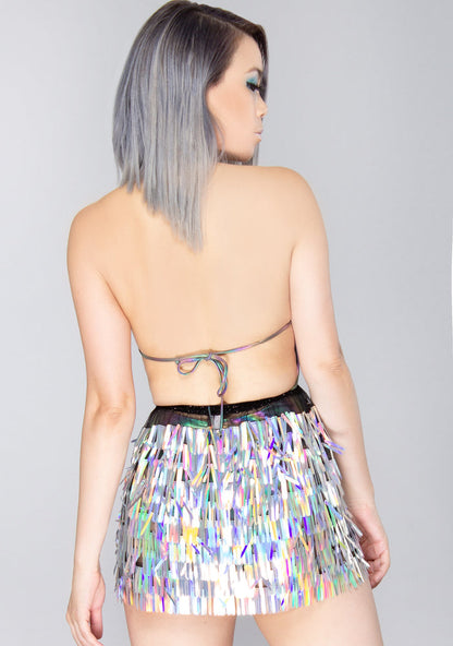 J Valentine X LASR Exclusive Knives Out Blade Sequin Harness Short Gypsy Skirt in holographic silver black — back view