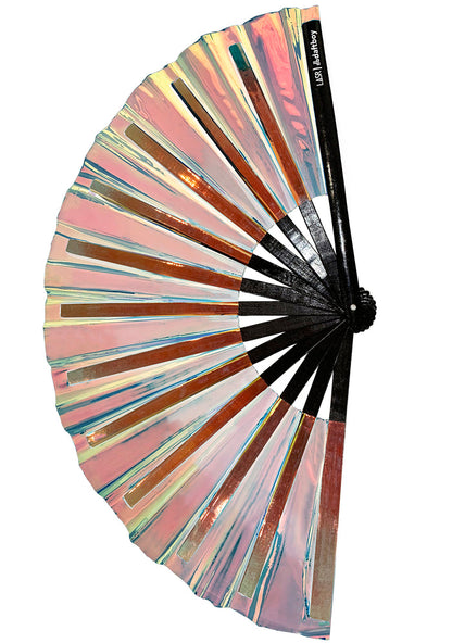 Daftboy X LASR Lucid Warrior Iridescent Fluid Rave Fan in black with clear iridescent fabric and black bamboo ribbing on festival rave fan — front view