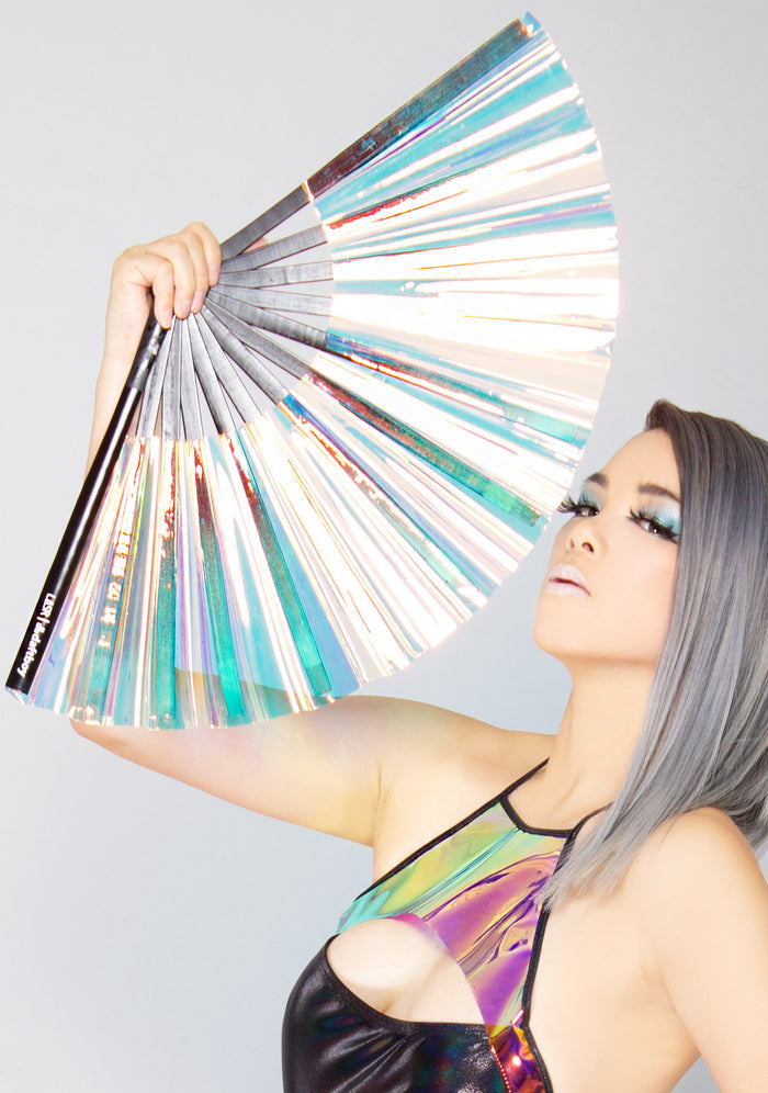 Daftboy X LASR Lucid Warrior Iridescent Fluid Rave Fan in black with clear iridescent fabric and black bamboo ribbing on festival rave fan — model view 2