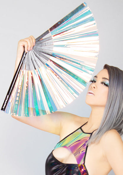 Daftboy X LASR Lucid Warrior Iridescent Fluid Rave Fan in black with clear iridescent fabric and black bamboo ribbing on festival rave fan — model view 2