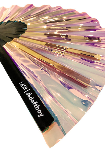 Daftboy X LASR Lucid Warrior Iridescent Fluid Rave Fan in black with clear iridescent fabric and black bamboo ribbing on festival rave fan — detail view
