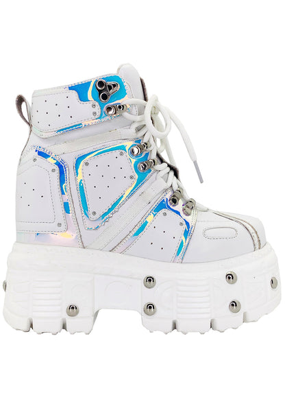 Anthony Wang X LASR Exclusive Digital Dream Platform Wedge Sneakers in white vegan leather with iridescent trimmings and molded studded platform sole — front view