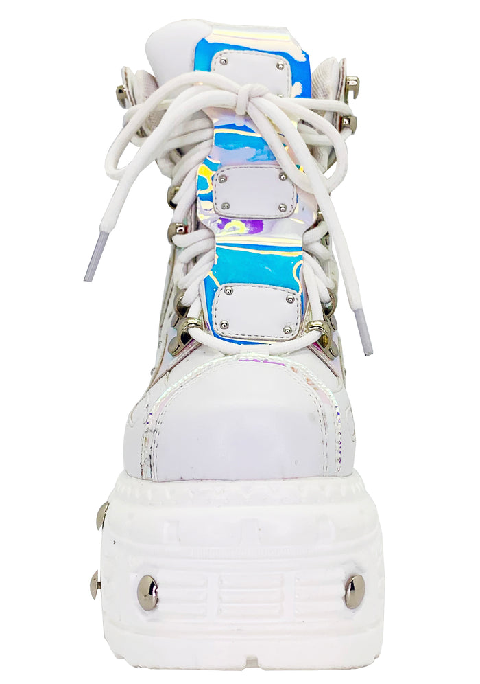 Anthony Wang X LASR Exclusive Digital Dream Platform Wedge Sneakers in white vegan leather showing chunky studded platform height and iridescent holographic detail — side view