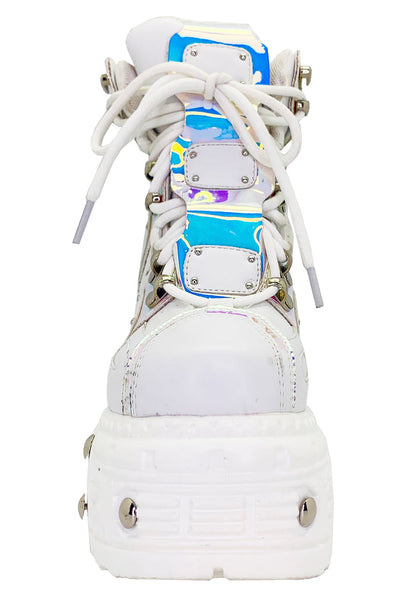 Anthony Wang X LASR Exclusive Digital Dream Platform Wedge Sneakers in white vegan leather showing chunky studded platform height and iridescent holographic detail — side view