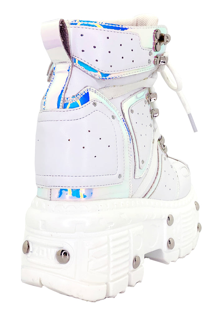 Anthony Wang X LASR Exclusive Digital Dream Platform Wedge Sneakers in white vegan leather showing molded studded platform sole and iridescent trimming detail — detail shot