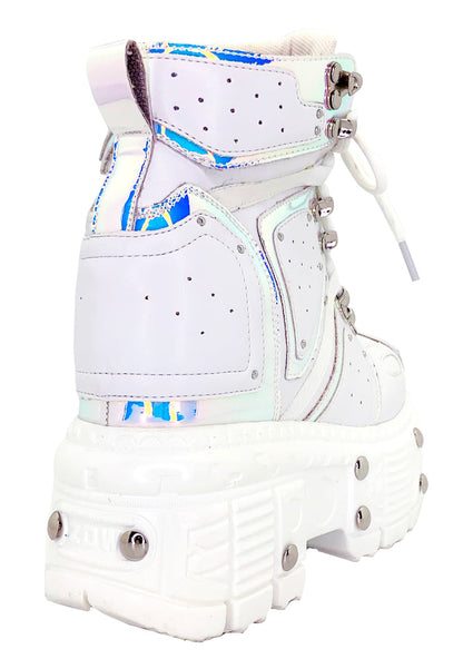 Anthony Wang X LASR Exclusive Digital Dream Platform Wedge Sneakers in white vegan leather showing molded studded platform sole and iridescent trimming detail — detail shot