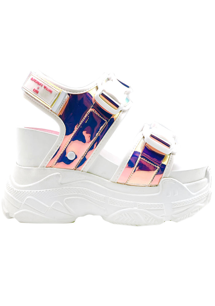 Anthony Wang LASR Exclusive Virtuosity Platform Sandals in white mesh nylon with holographic iridescent PVC trimmings and velcro metal buckle closure — front view