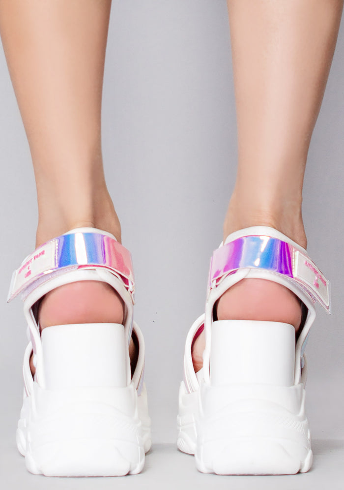 Anthony Wang LASR Exclusive Virtuosity Platform Sandals in white mesh nylon with holographic iridescent straps and major traction sole worn by model — back view