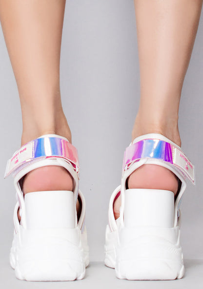 Anthony Wang LASR Exclusive Virtuosity Platform Sandals in white mesh nylon with holographic iridescent straps and major traction sole worn by model — back view