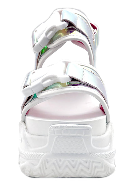 Anthony Wang LASR Exclusive Virtuosity Platform Sandals in white mesh nylon showing chunky platform height and iridescent holographic PVC detail — side view