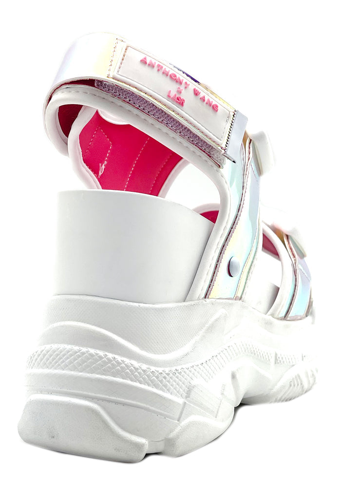 Anthony Wang LASR Exclusive Virtuosity Platform Sandals in white mesh nylon showing pink interior lining and velcro buckle closure detail — detail shot
