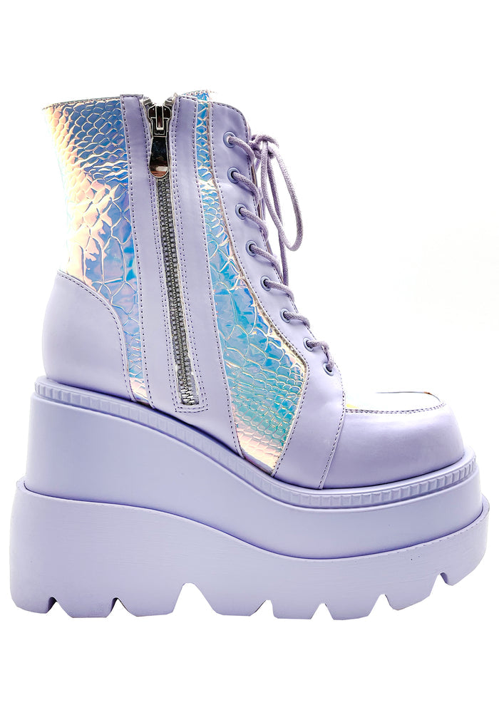 Cape Robbin X LASR Exclusive RADIO Fairy Kiss Lavender Platform Boots in pastel purple vegan leather, featuring an iridescent python textured upper and a matching chunky platform sole.