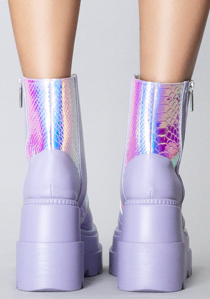 Rear view of the Fairy Kiss lavender platform boots on-model, detailing the high-top ankle fit, clean back panel stitching, and the stacked 3-inch block heel.