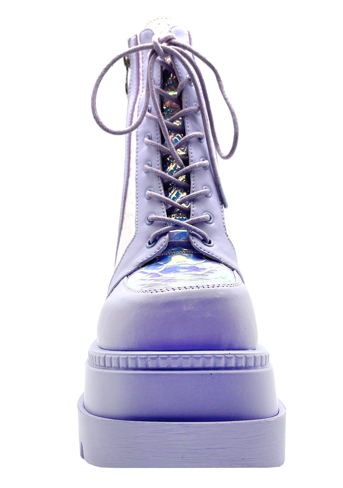 Studio front profile of the Cape Robbin X LASR exclusive lavender purple boots, emphasizing the wide textured toe cap, crisp matching laces, and rugged platform tread.
