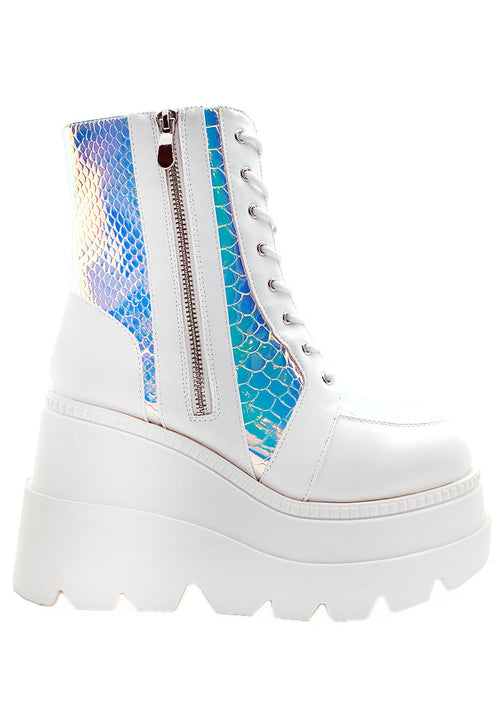 Cape Robbin X LASR Exclusive RADIO Liquid Love White Platform Boots in clean white vegan leather, featuring a shimmering Atlantis iridescent python textured upper and a chunky platform sole.