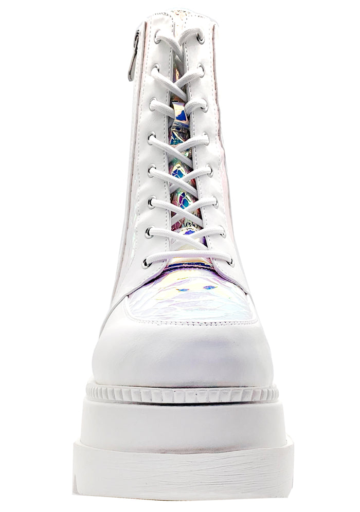 Studio front profile of the Cape Robbin X LASR exclusive white boots, emphasizing the wide textured toe cap, matching white laces, and the rugged, teeth-textured platform tread.