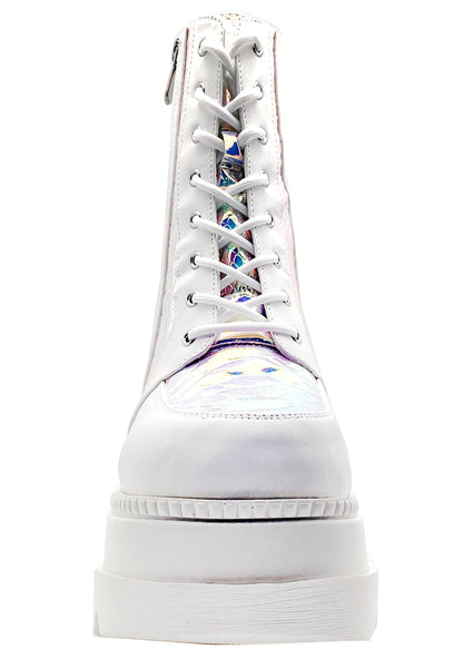 Studio front profile of the Cape Robbin X LASR exclusive white boots, emphasizing the wide textured toe cap, matching white laces, and the rugged, teeth-textured platform tread.