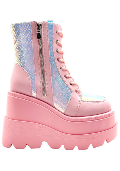 Cape Robbin X LASR Exclusive RADIO Pink Poison Pink Platform Boots in hot pink vegan leather, featuring an iridescent python textured upper and a matching chunky platform sole.