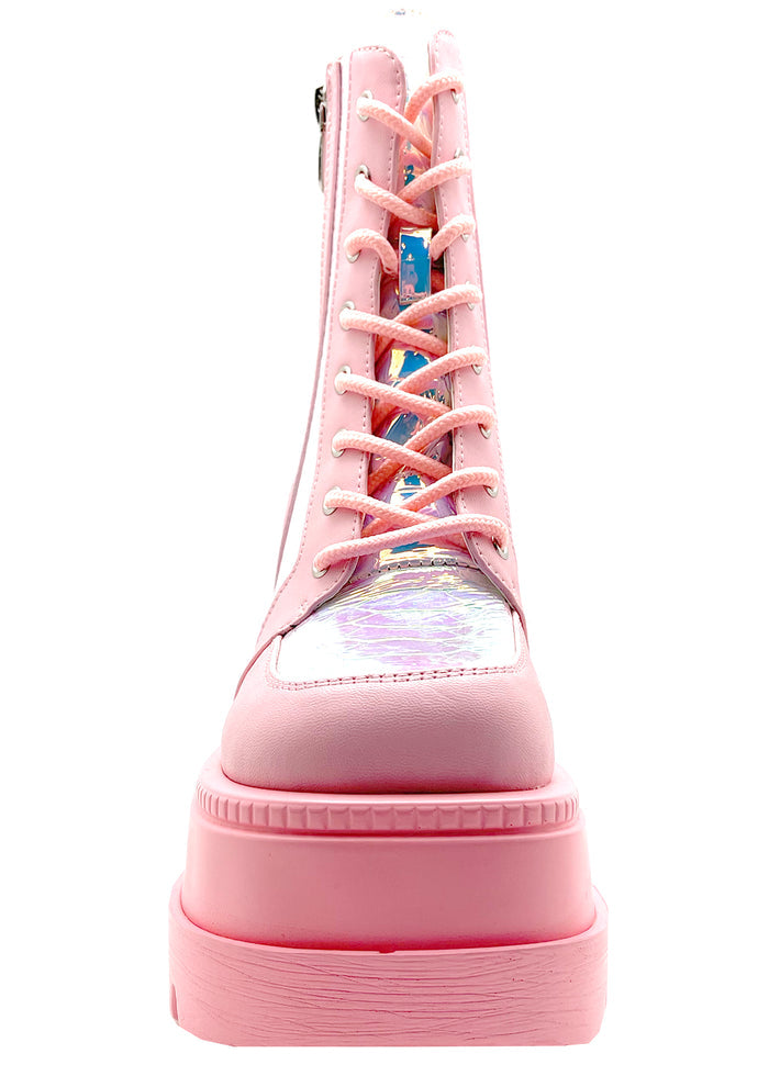 Studio front profile of the Cape Robbin X LASR exclusive pink boots, emphasizing the wide textured toe cap, crisp matching laces, and rugged platform tread.