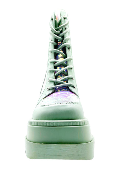 Studio front profile of the Cape Robbin X LASR exclusive sage green boots, emphasizing the wide textured toe cap, crisp matching laces, and rugged platform tread.