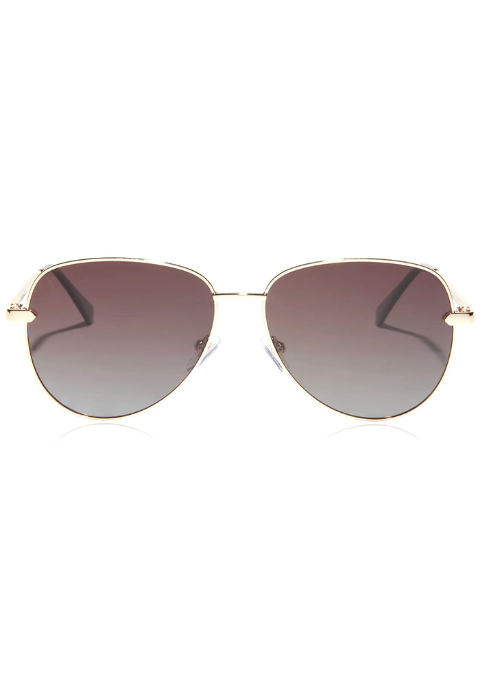 Dime Optics X Les Do Makeup After Party Polarized Sunglasses in gold brown gradient with sophisticated frame on rave festival sunglasses — front view