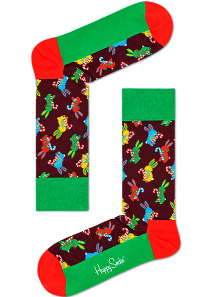 Happy Socks X Macaulay Culkin Christmas Polka Rabbit Sock in multicolor with bunny candy cane pattern on holiday party socks — detail view