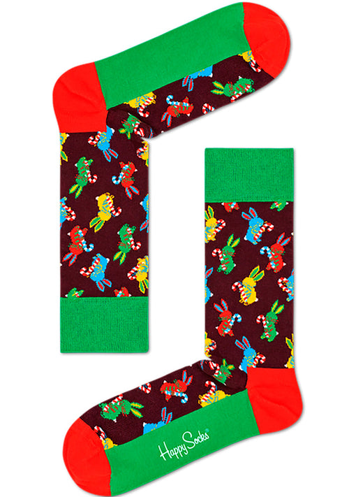 Happy Socks X Macaulay Culkin Christmas Polka Rabbit Sock in multicolor with bunny candy cane pattern on holiday party socks — detail view