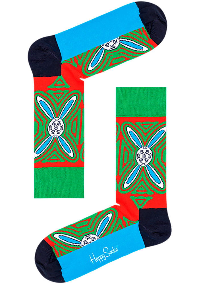 Happy Socks X Macaulay Culkin Christmas Psychedelic Rabbit Sock in multicolor with bunny egg pattern on holiday party socks — detail view