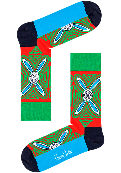 Happy Socks X Macaulay Culkin Christmas Psychedelic Rabbit Sock in multicolor with bunny egg pattern on holiday party socks — detail view
